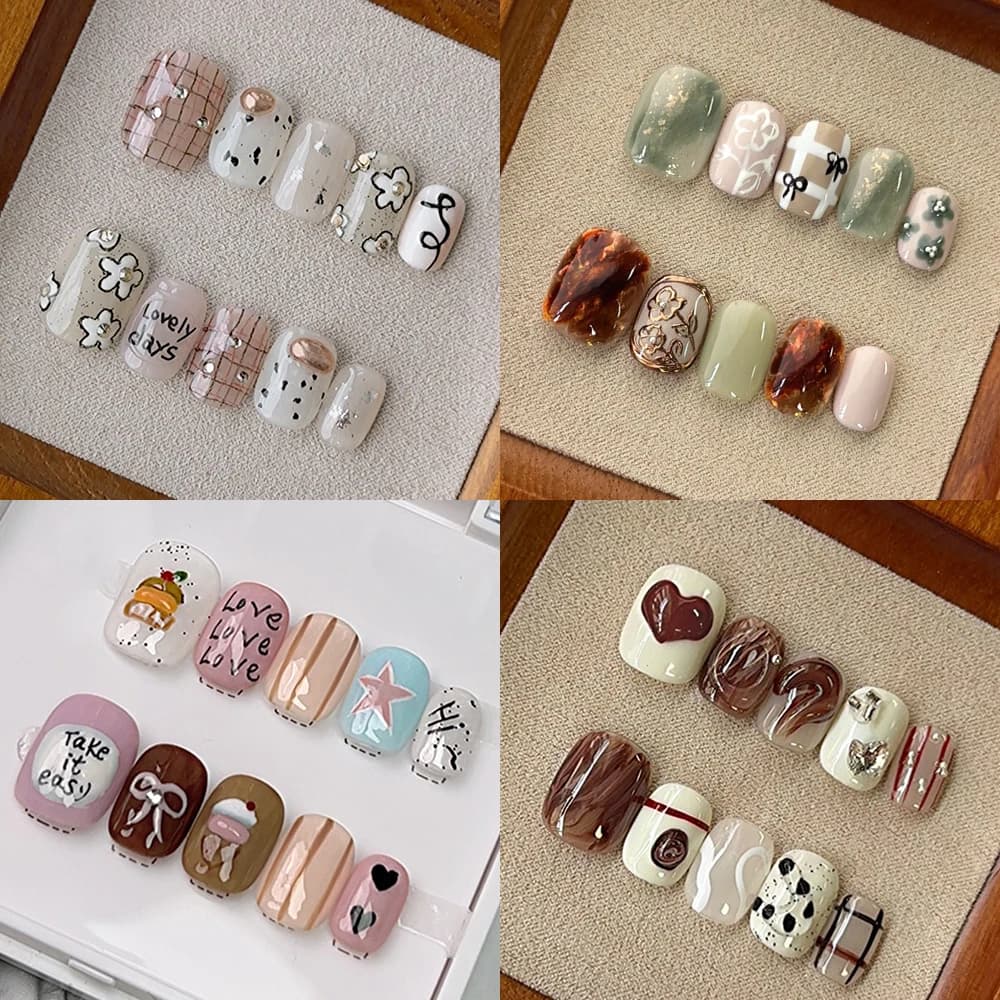 10Pcs Short Kawaii Hand-Painted Graffiti Press on Nails Handmade Manicure Retro Streak Fashion False Nail Reusable Nail Art Tips
