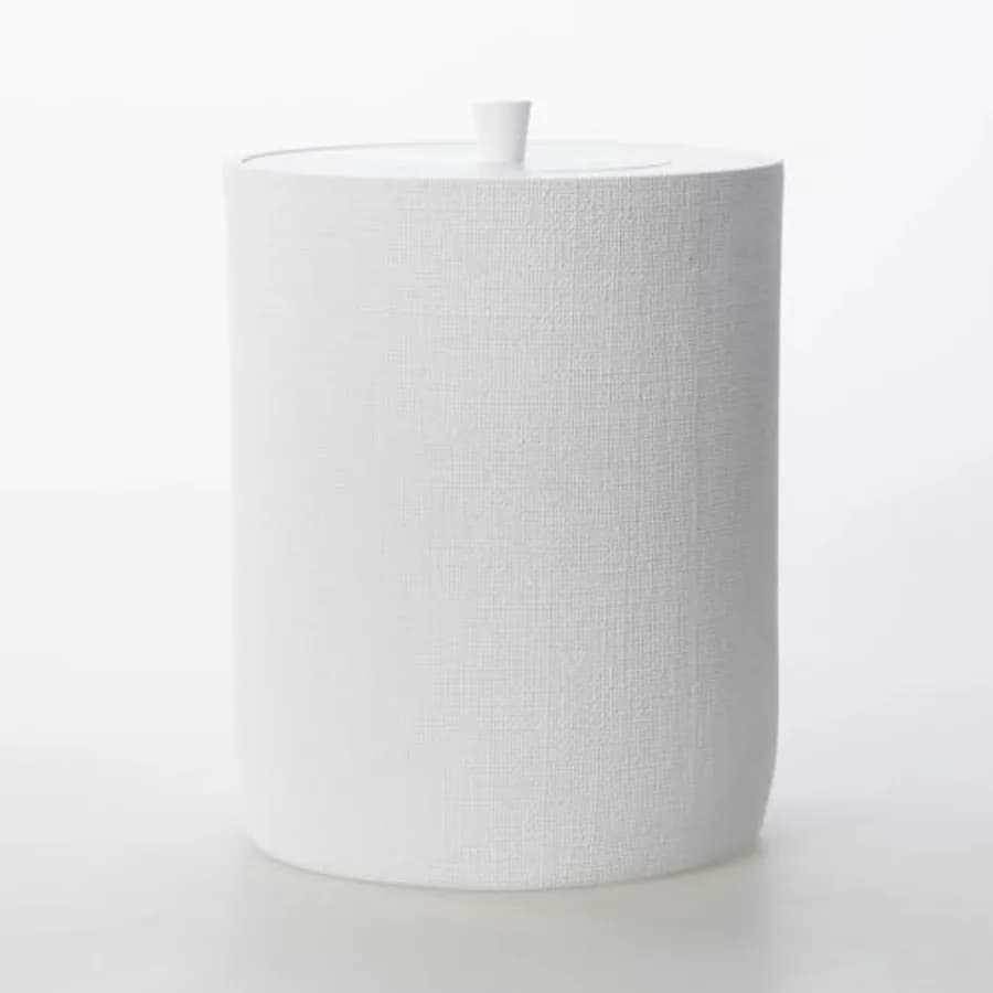 Set di Accessori da Bagno di Lusso in Lino, 5 Pezzi, Bianco, con Cestino in Resina, Spazzola per WC, Dispenser Sapone, Porta Spazzolini