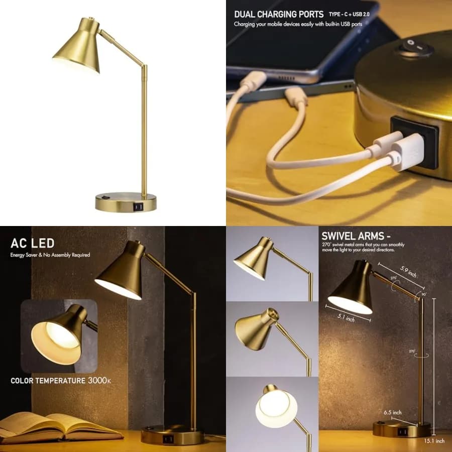 Astrum - Lampada da Scrivania LED con Doppie Porte USB per Ricarica, 100% Metallo, Bracci Girevoli a 270 Gradi, Luce Soffusa 3000K, per Comodino e Ufficio Domestico