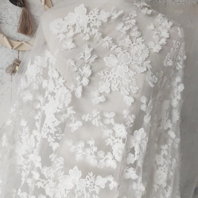 1 meter white silk gauze embroidery dress skirt woven embroidery 3D flower leaves curtain lace cloth woman