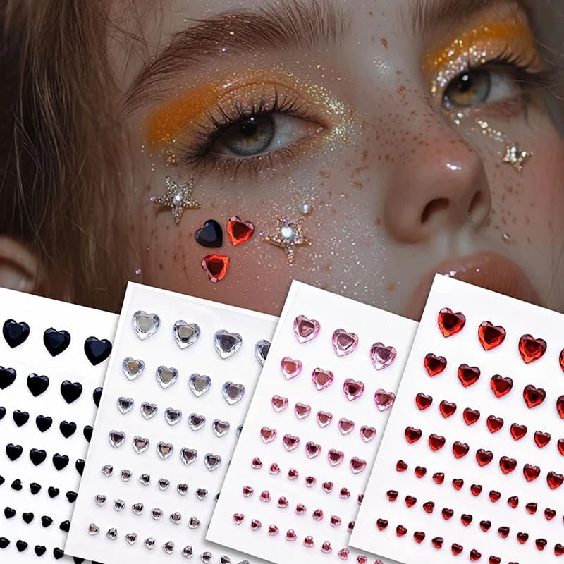 57Pcs/sheet Heart Rhinestone Face Jewels Stickers 3D Multicolor Self-Adhesive Gems For DIY Festival Party Eye & Face Makeup Deco