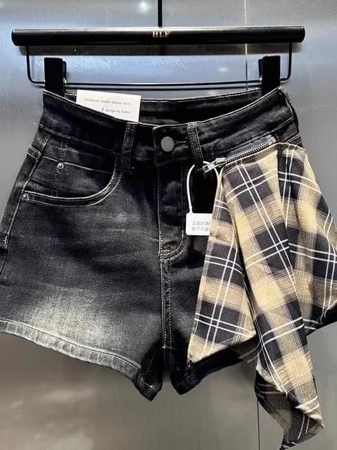 Outlet Design Plaid Splicing Slimming A-Line Hot Shorts Women's Sexy Jeans High Waist Straight Leg Commute Casual plus Size