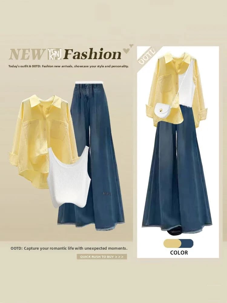 Spring Summer Lightweight Maturity Style Women's Korean Dopaamine Sun Protection Shirt Vest Wide Leg Jeans Three Piece Set