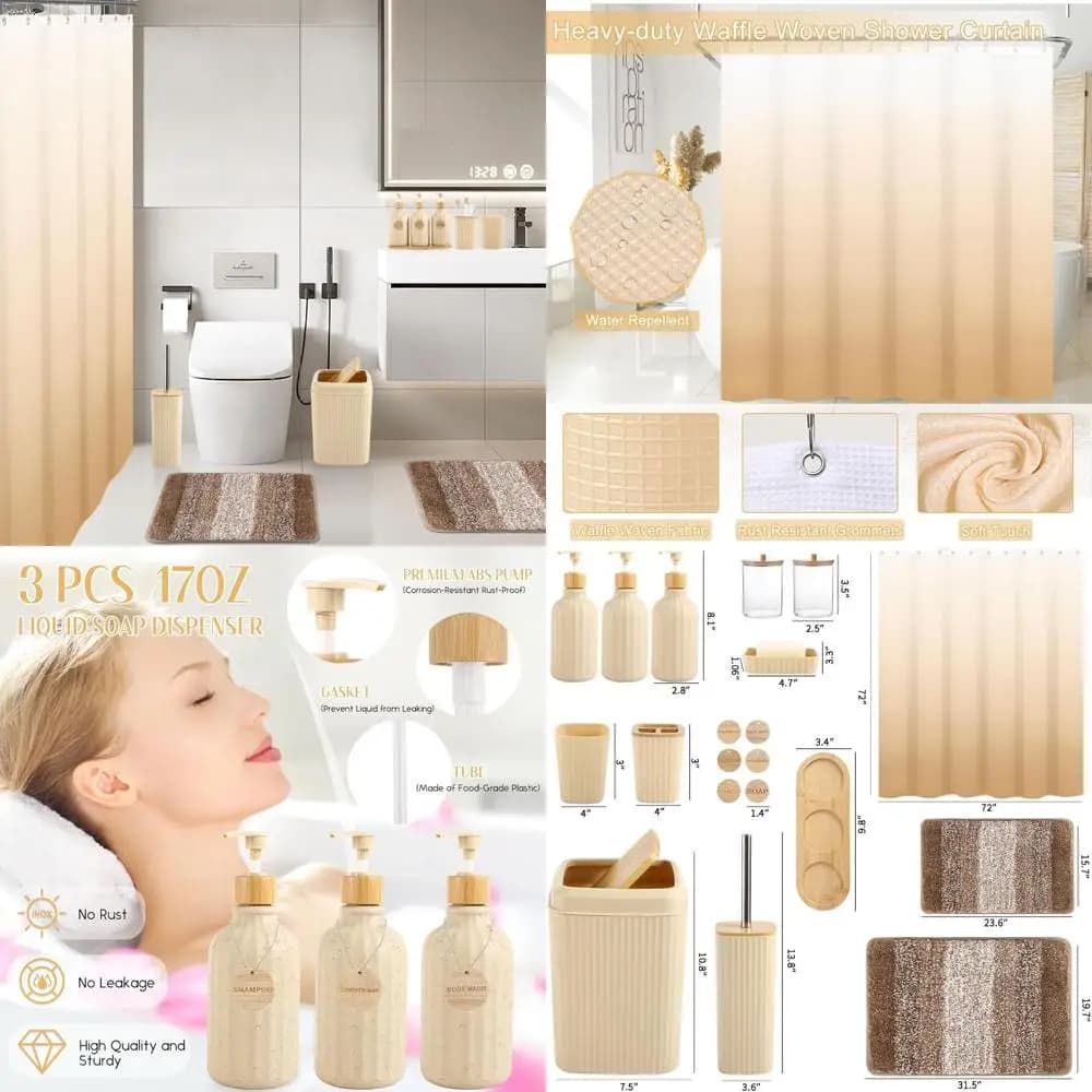 Set di accessori da bagno beige con tenda da doccia, tappeti e dispenser di sapone in 3 pezzi con decoro nero