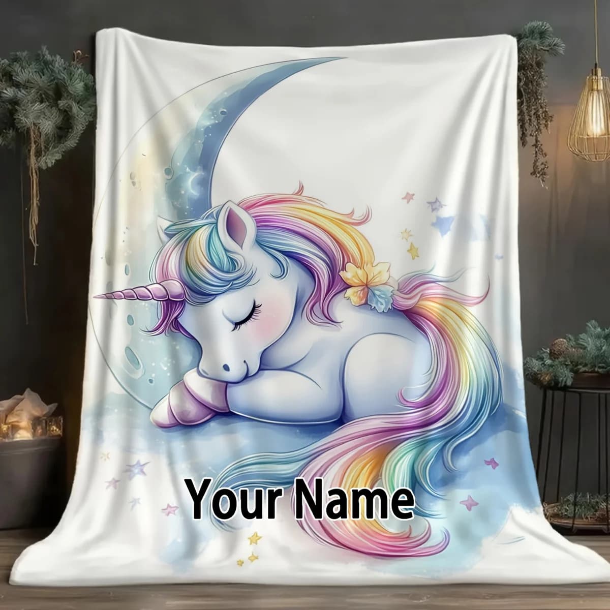 Customized 1pc blanket with unicorn pattern and customizable copy. Soft and comfortable flannel blanket with multiple sizes