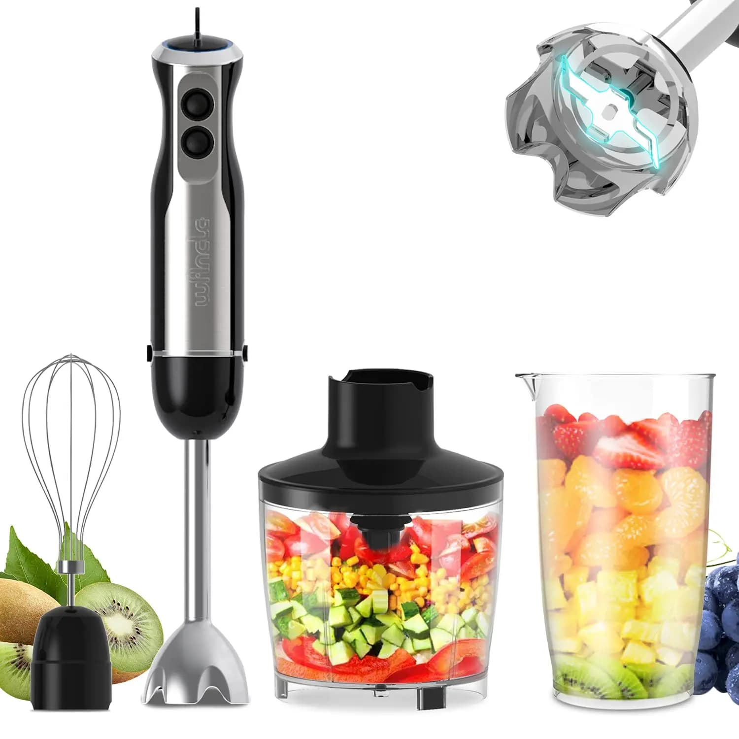 Wancle 1000 W immersion blender 4 in 1 Powerful stick blender 16 adjustable speed for protein shakes Mounted cream