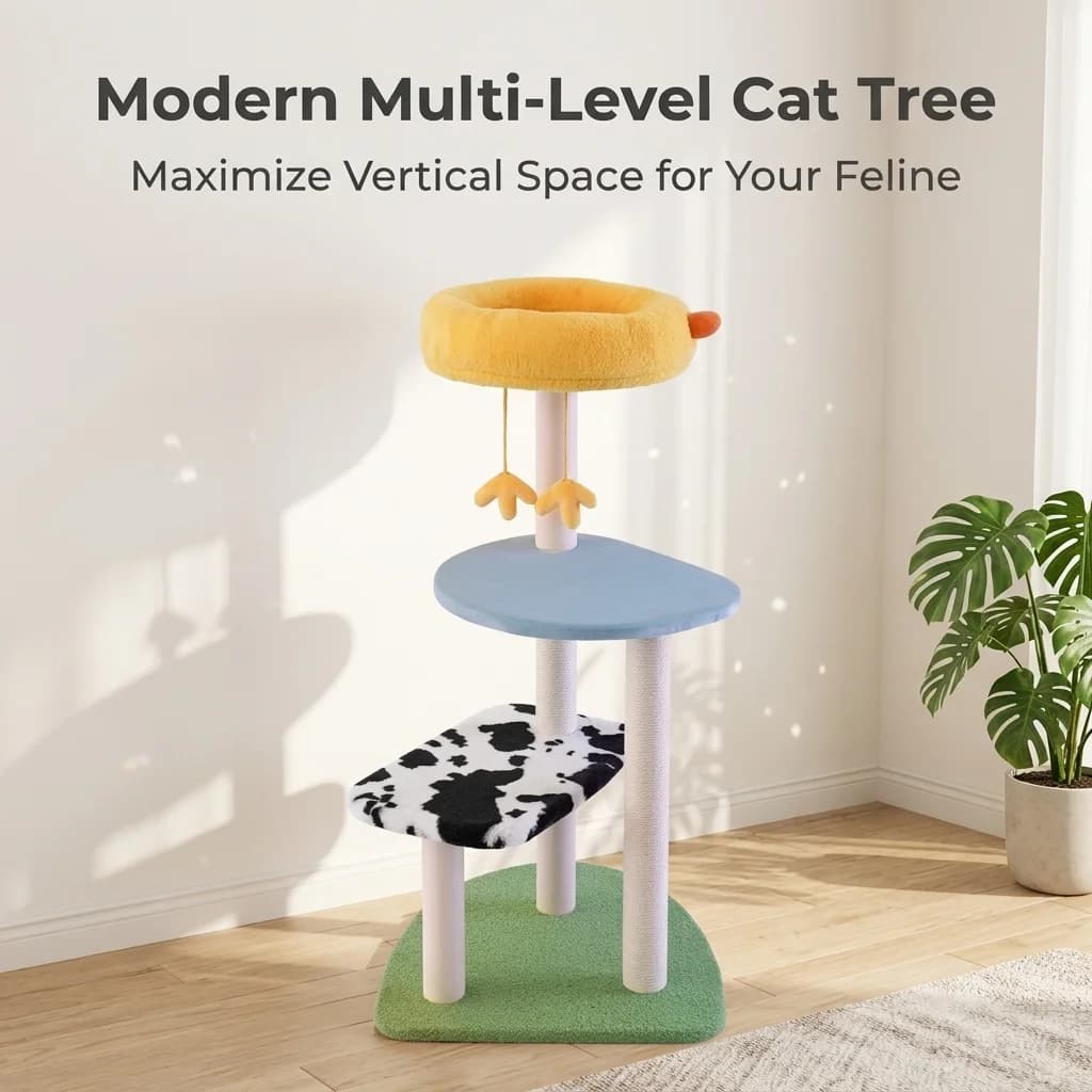 Cute Chick Design Multi-Level Modern Wool Cat Tree Scratching Posts Perch Platform Indoor Cat Play Furniture 105cm Height Safe