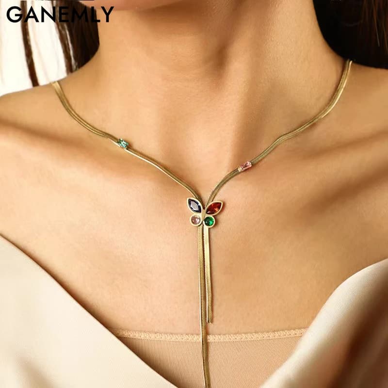 GANEMLY 316L Stainless Steel Colored Zirconia Butterfly Tassel Necklace For Women Fashion Neck Chain Waterproof Jewelry Gift