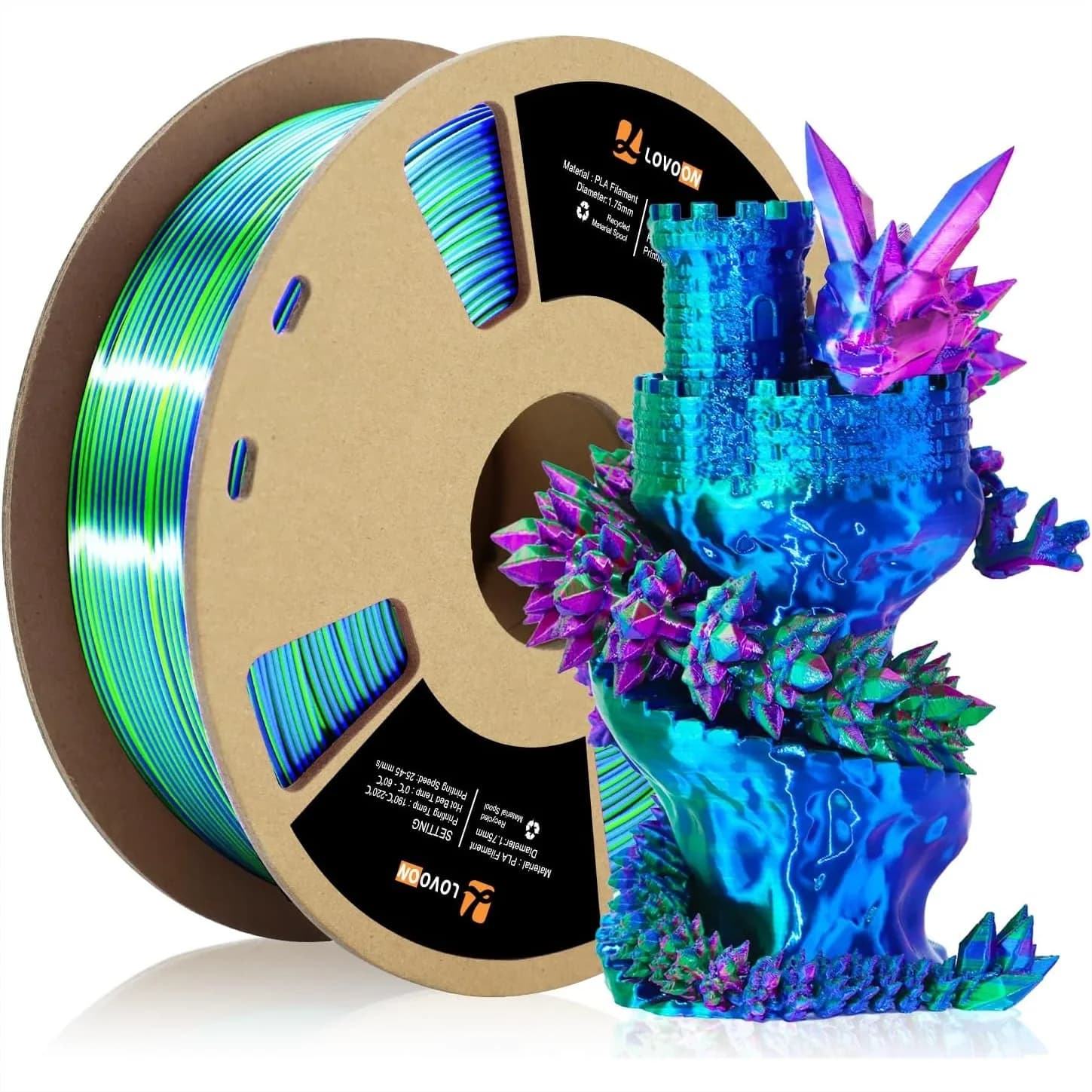 Filamento per Stampante 3D 1.75mm PLA Seta Arcobaleno, Tricolore Verde-Rosso-Blu, Precisione Dimensionale +/-0.02mm, Bobina da 2.2 libbre