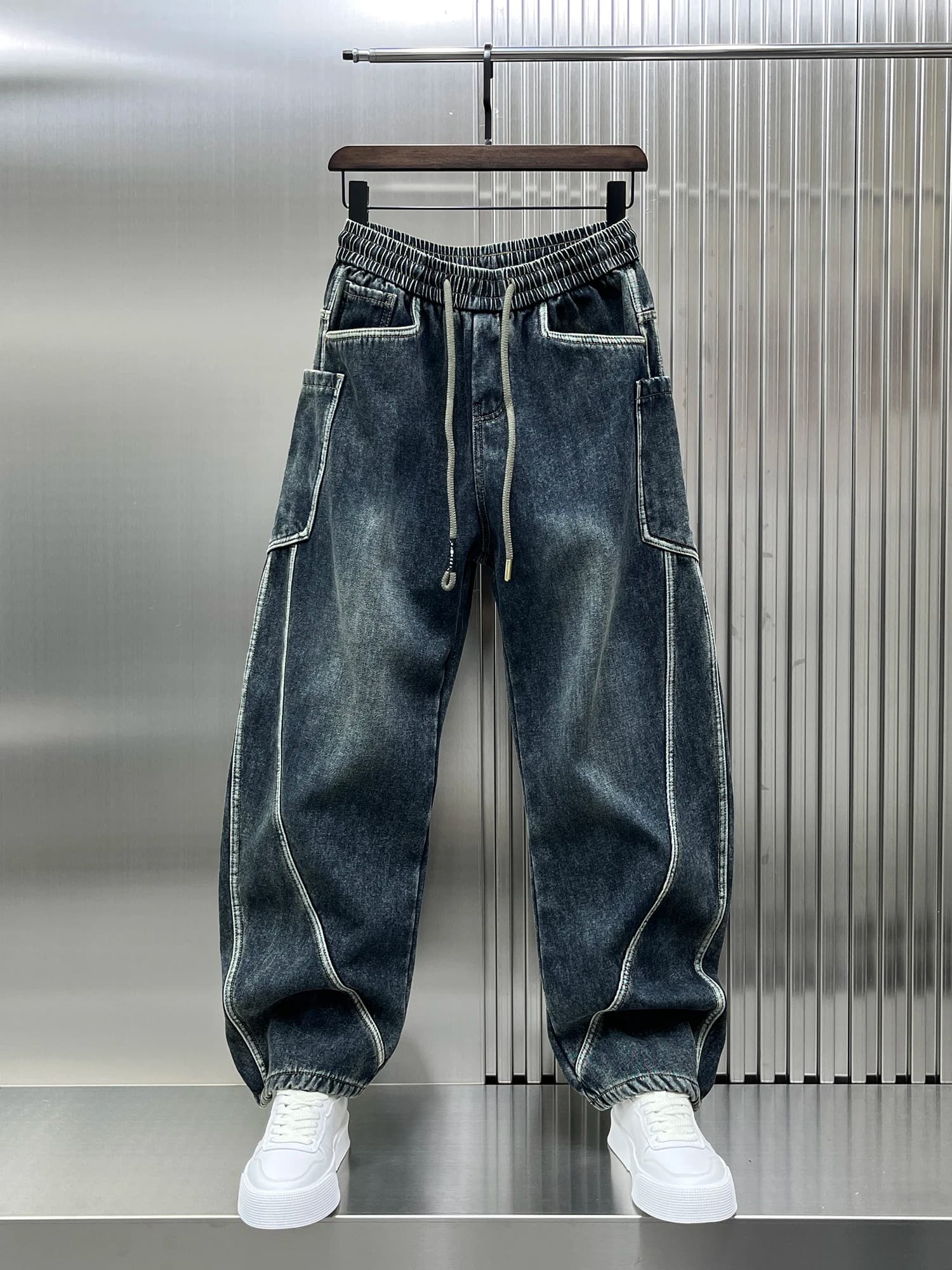 Jeans da Uomo Foderati in Pile Caldo, Pantaloni in Denim Lavato Stile Vintage Casual Invernale, Pantaloni a Gamba Dritta Trendy per Giovani