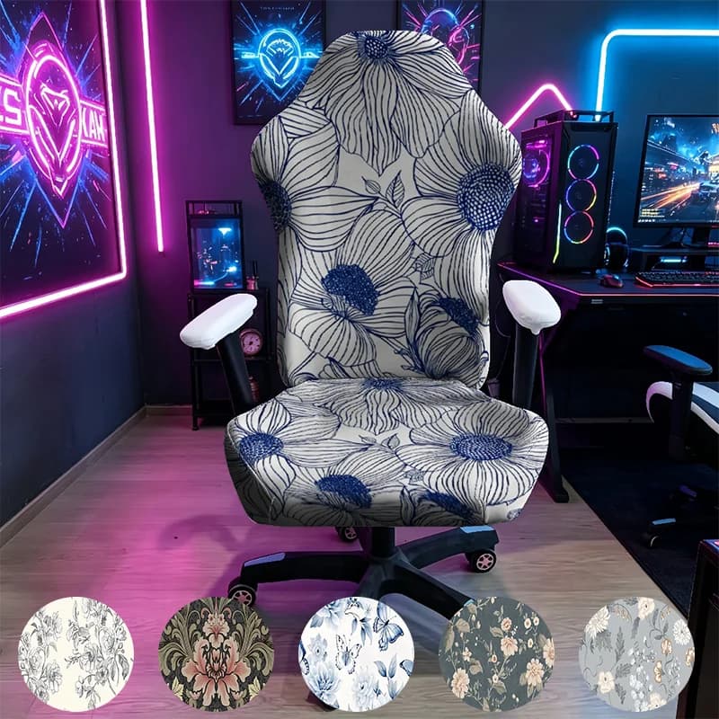 Navy Blue Line Art Floral Flower Gaming Chair Cover, Stretch Elastic Anti-Scratch Slipcover for Gamer & Office Chair