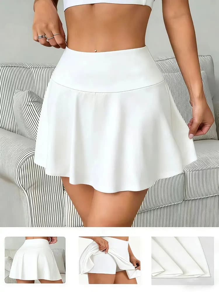 Gonna da tennis a rapida asciugatura da donna, plissettata, tinta unita, con pantaloncini integrati, a vita alta, adatta per il golf e la corsa