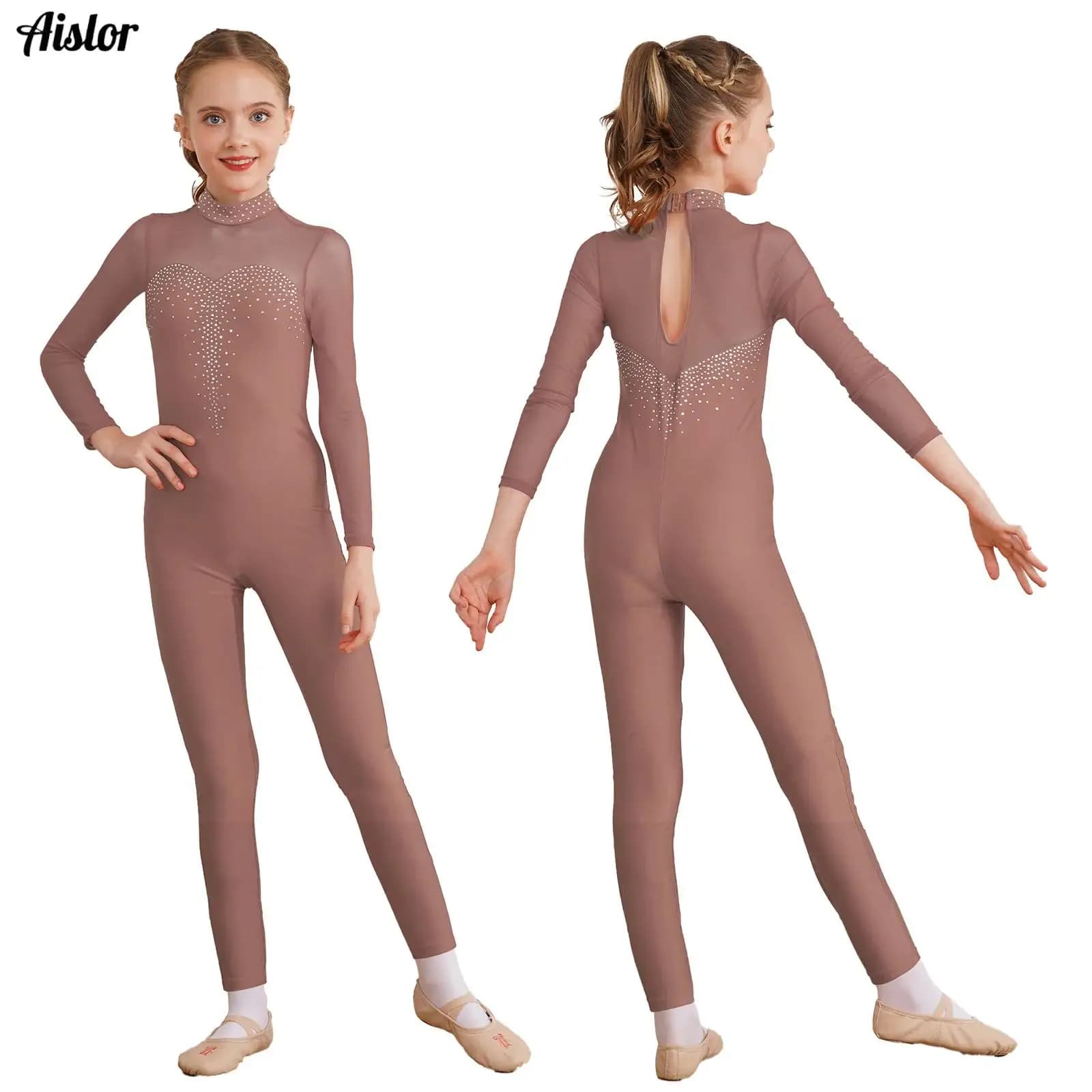 Tuta da ginnastica per bambina, monospalla, con strass lucidi, body a maniche lunghe, pattinaggio di figura, costume da spettacolo di danza classica