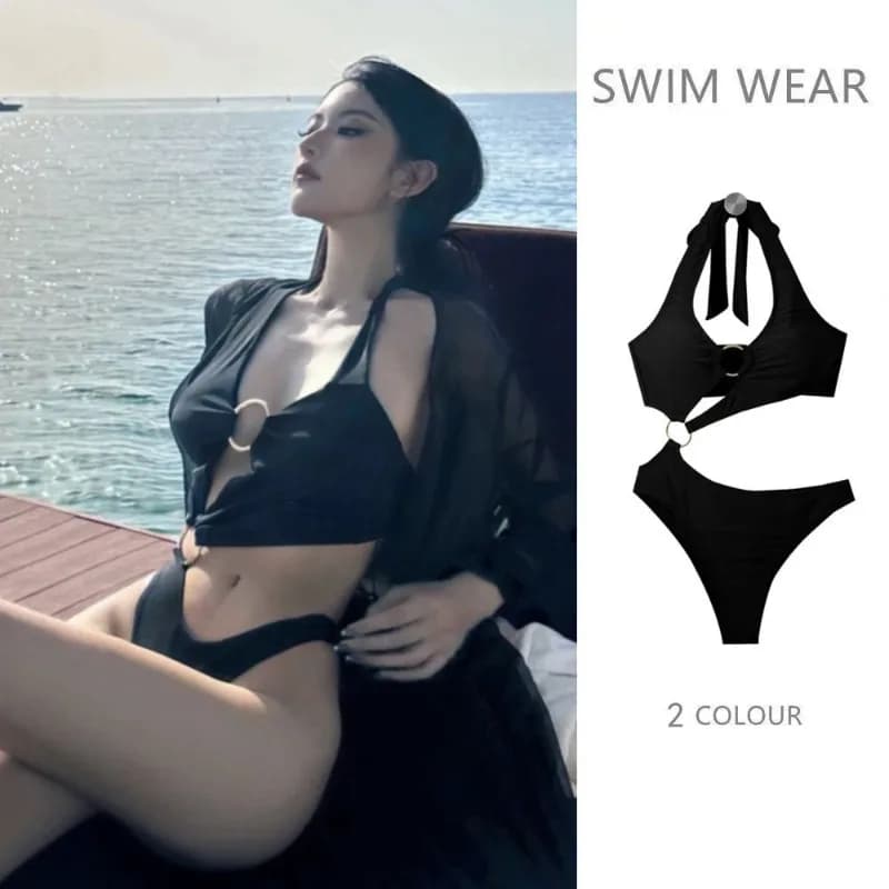 Costume da bagno intero sexy da donna 2026 senza schienale, modello brasiliano, con reggiseno all'americana e slip, cut-out a O-ring, tinta unita
