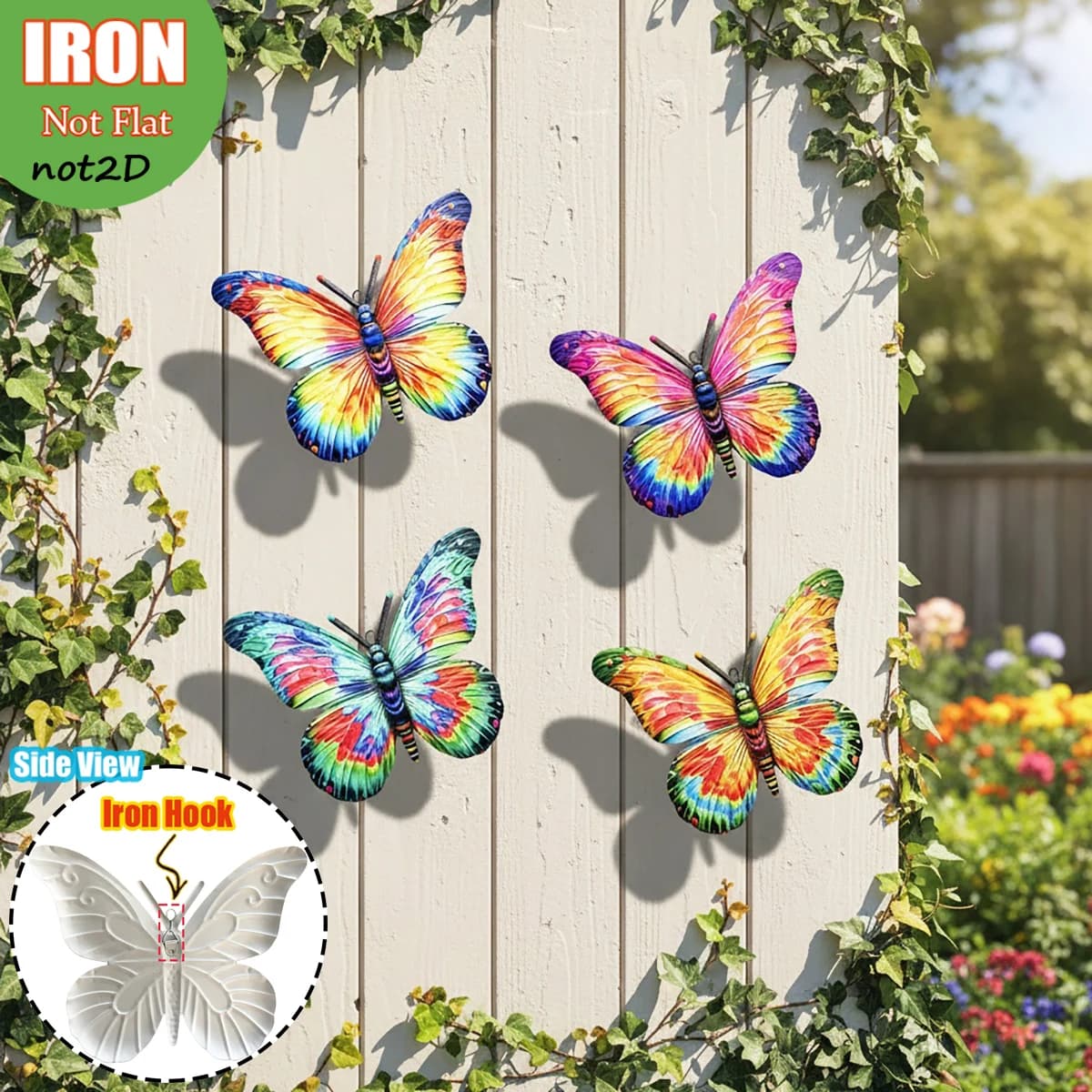 Decorazione da parete con farfalle in metallo vivace da 4 pezzi, scultura da esterno resistente alla ruggine con gancio senza attrezzi per giardino, cortile, patio, recinzione