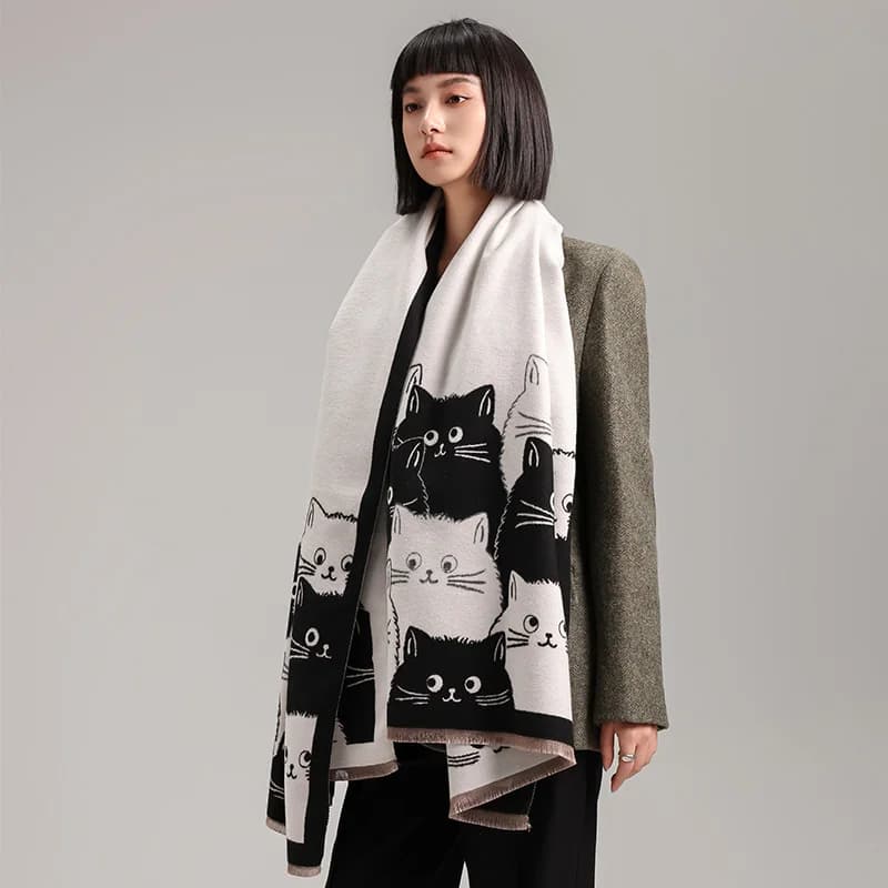 2024 New Fashion Cute Cat Ladies' Jacquard Pashmina Cashmere Scarf Winter Thick Warmth Shawl Coldproof Windproof Blanket Scarf