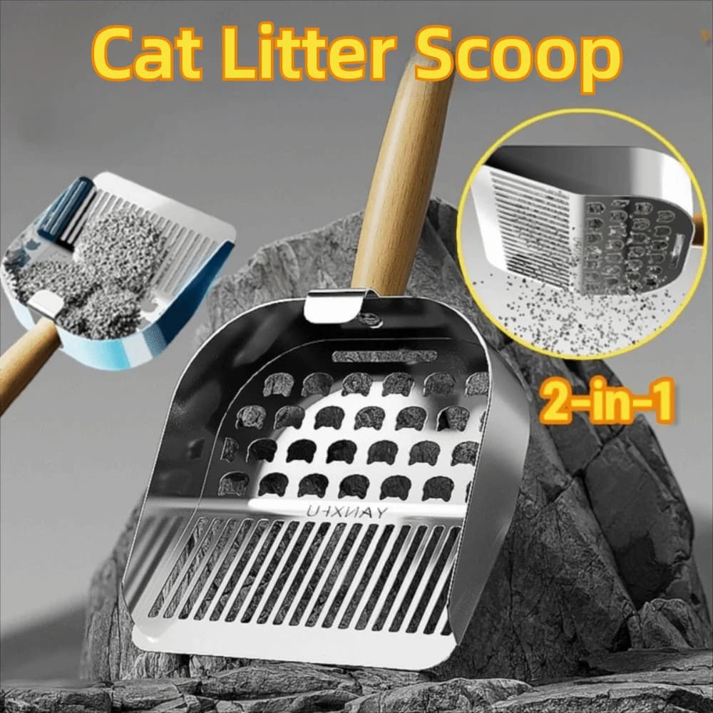 Paletta per lettiera per gatti 2 in 1 in acciaio inossidabile con gancio per appendere pala per rifiuti per animali domestici con manico in legno scavato