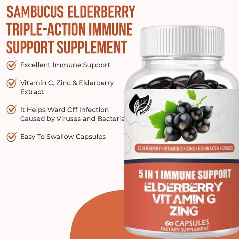 Integratore di supporto immunitario al sambuco 5 in 1, 1000 mg di vitamine di sambuco, zinco, equinacea, zenzero, capsule vegetariane, 60 pezzi