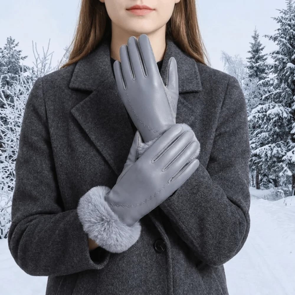 Fleece Lined Leather Gloves Fur Cuff Longer Wrist Touchscreen Gloves Anti-splash Water Soft Texture Thermal Handwear Driving