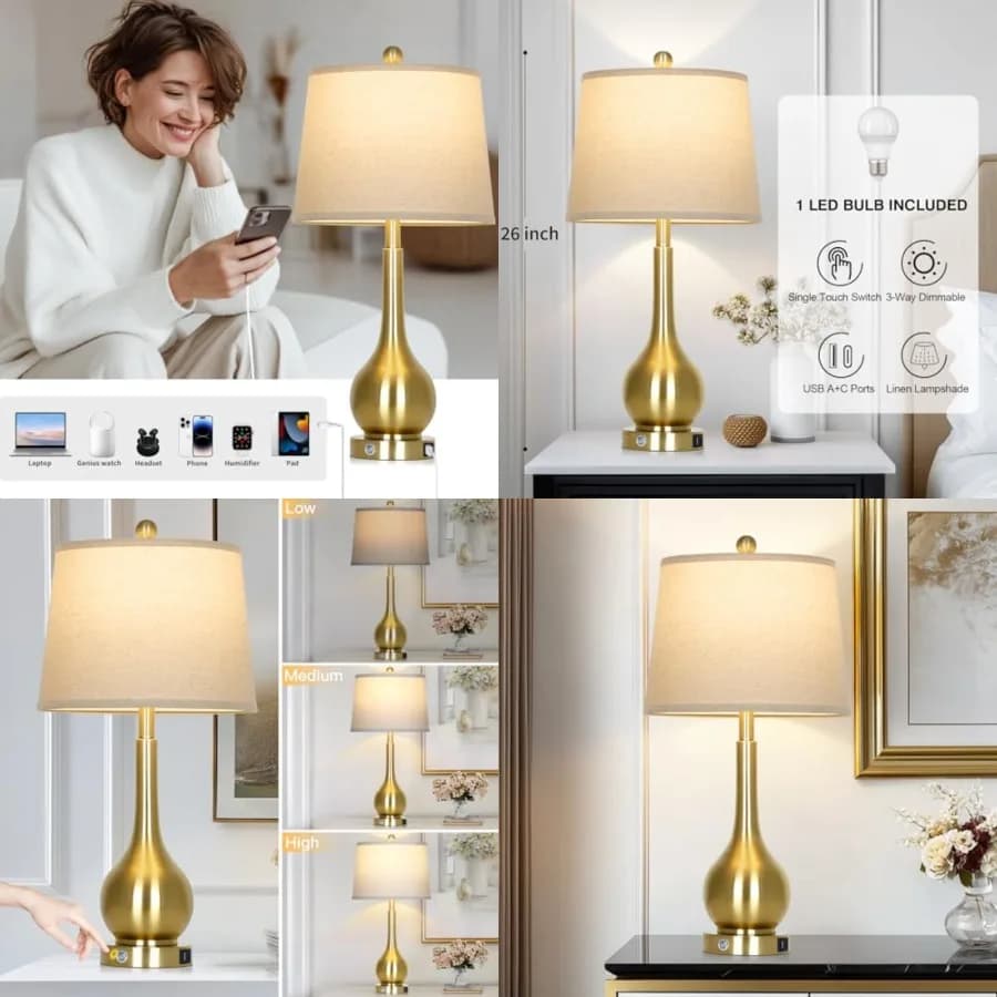 Lampada da Tavolo Dorata da 26 Pollici per Soggiorno, Lampada da Comodino con Controllo Touch per Camera da Letto, Lampada da Tavolo Dimmerabile a 3 Livelli per Comodino