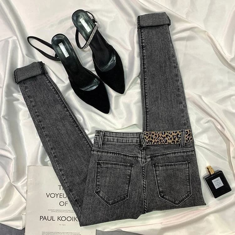 Jeans Skinny a Vita Alta Elasticizzati Stile Coreano con Stampa Leopardata e Patchwork Moda Primaverile in Denim Elasticizzato di Cotone per Donna