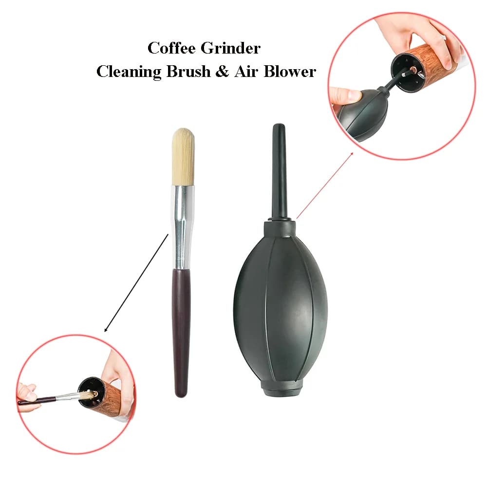 Cleaning brush for coffee grinder and air blower for espresso machine and filter accessories