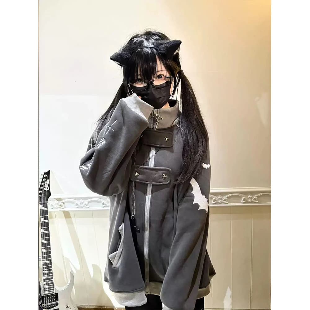 Y2K Gothic Zip Up Hoodie Women Bat Contrast Color Stand Collar Sweatshirt Dark Alt Streetwear Oversized Punk Aesthetic Jacket