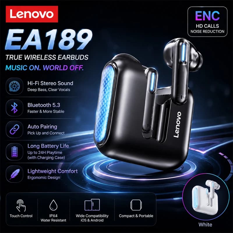 Lenovo New EA189 Bluetooth 6.0 True Wireless Earbuds ENC In-Ear Buds Earphones Low Latency Headphones for Gaming Long Endurance