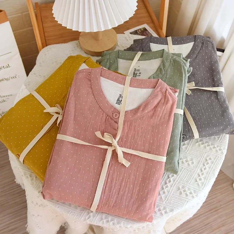 Set pigiama in cotone a pois da donna pantaloni a maniche lunghe in garza tinti in filo Loungewear Casual Simple Sleepwear girocollo indumenti da notte