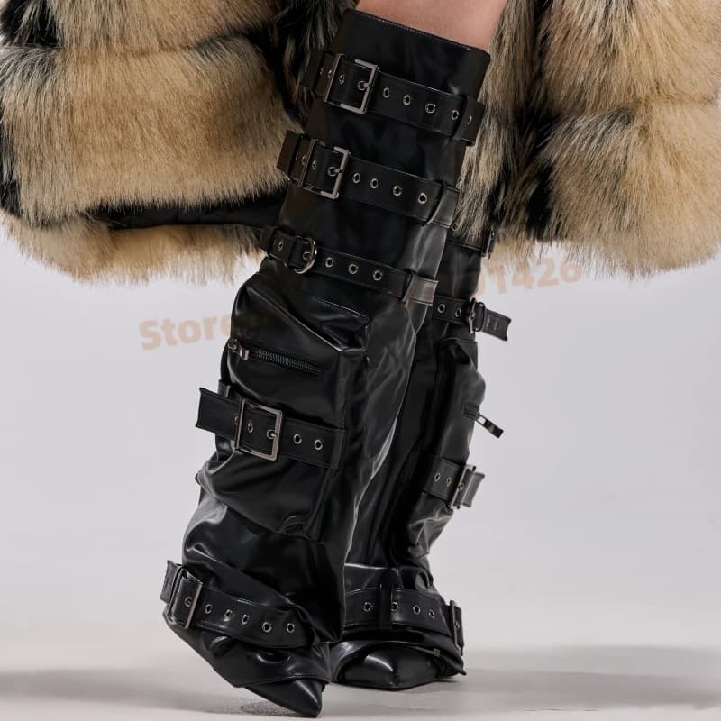 Stivali alti al ginocchio con cinturino multi fibbia Stivali lunghi da donna in pelle nera con punta a punta Tacchi alti Scarpe da festa da donna di lusso alla moda
