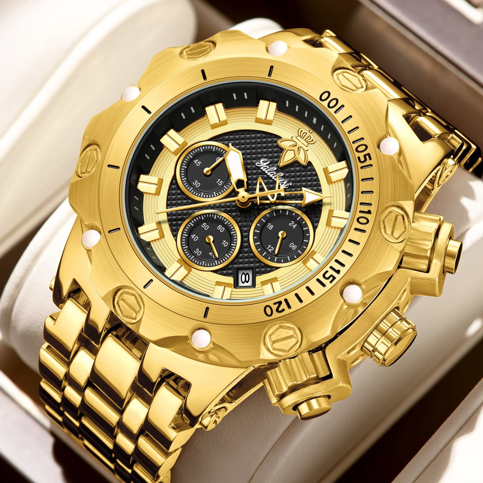 YaLaLuSi Nuovo orologio al quarzo da uomo alla moda di lusso dorato: data, lancette luminose. Con confezione regalo e regolatore per cinturino. Regalo ideale per gli uomini