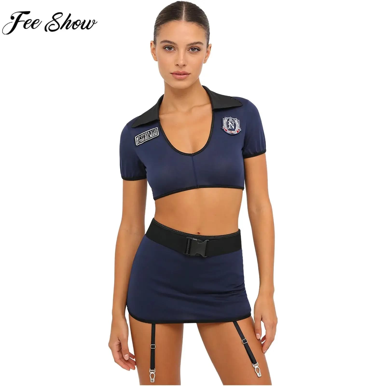 Women Sexy Policewoman Cosplay Lingerie Set Dirty Cop Uniform Sheer Crop Top Miniskirt with Garters Clip Thongs for Couple Games