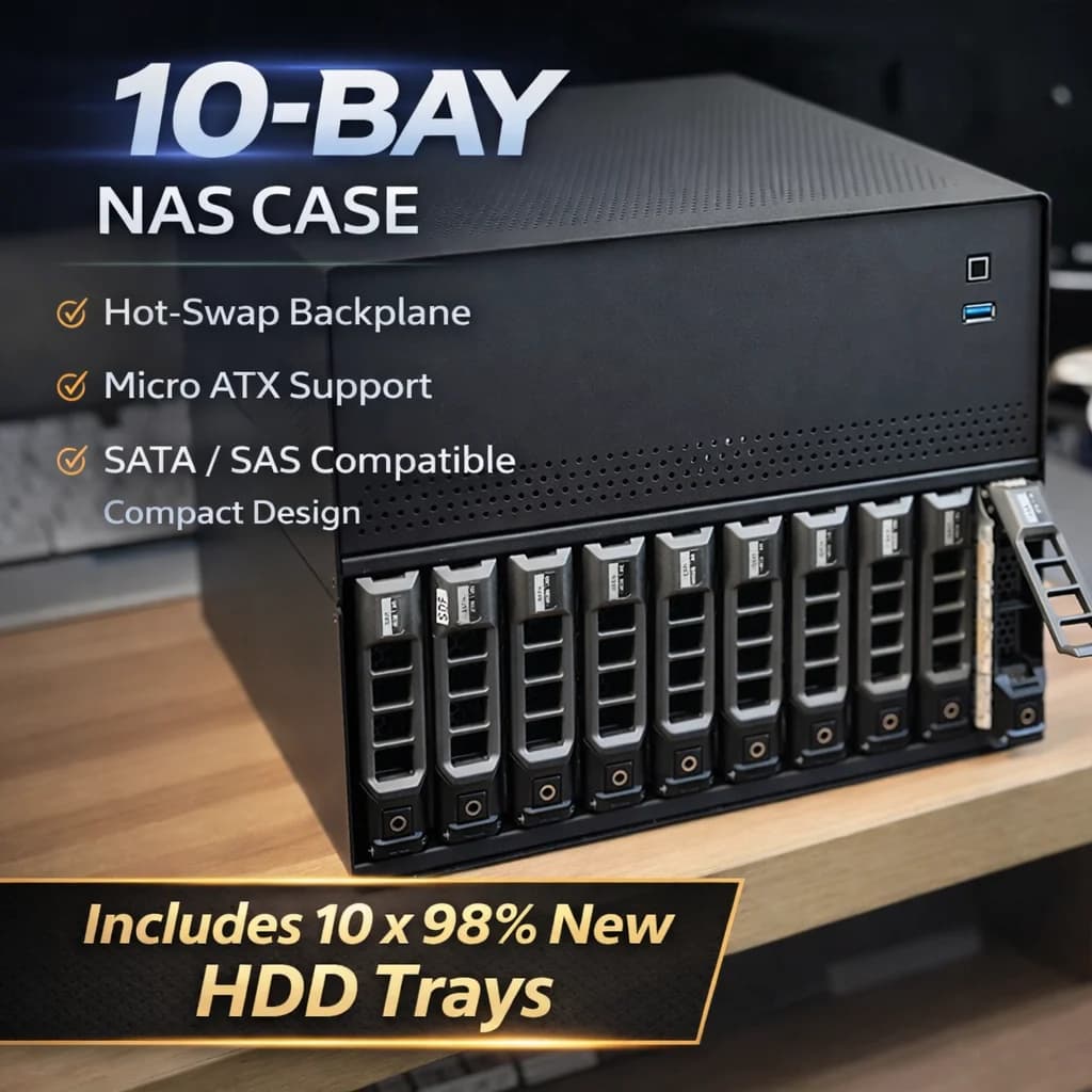 Case NAS a 10 Bay in Acciaio Galvanizzato da 0,8 mm, Chassis MATX con Backplane Hot-Swap SATA/SAS per HDD da 3,5 e 2,5 Pollici
