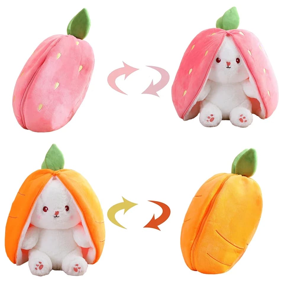 Peluche Creativo e Divertente Coniglio Carota 18cm, Giocattolo Morbido a Forma di Coniglio Nasconduto in una Borsa di Fragole, Regalo di Compleanno per Bambine