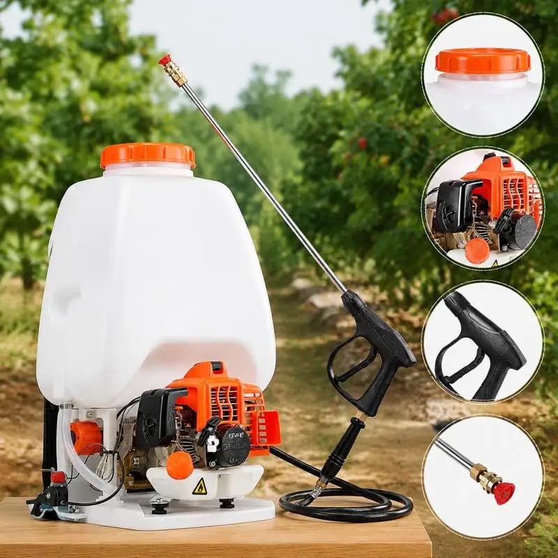 Gas Powered Backpack Sprayer With 26.5CC 0.9HP Engine, 6.5 Gallon HDPE Tank, 24 Inch Wand And Nozzles, Recoil Start Lawn Sprayer For Garden Farm Agriculture, White And Orange