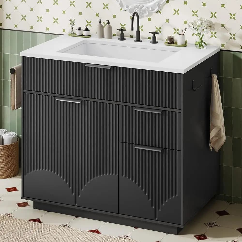 Mobile bagno freestanding 31 con lavabo, armadietto contenitore, 3 cassetti, portasciugamani, anta con chiusura ammortizzata (Nero)