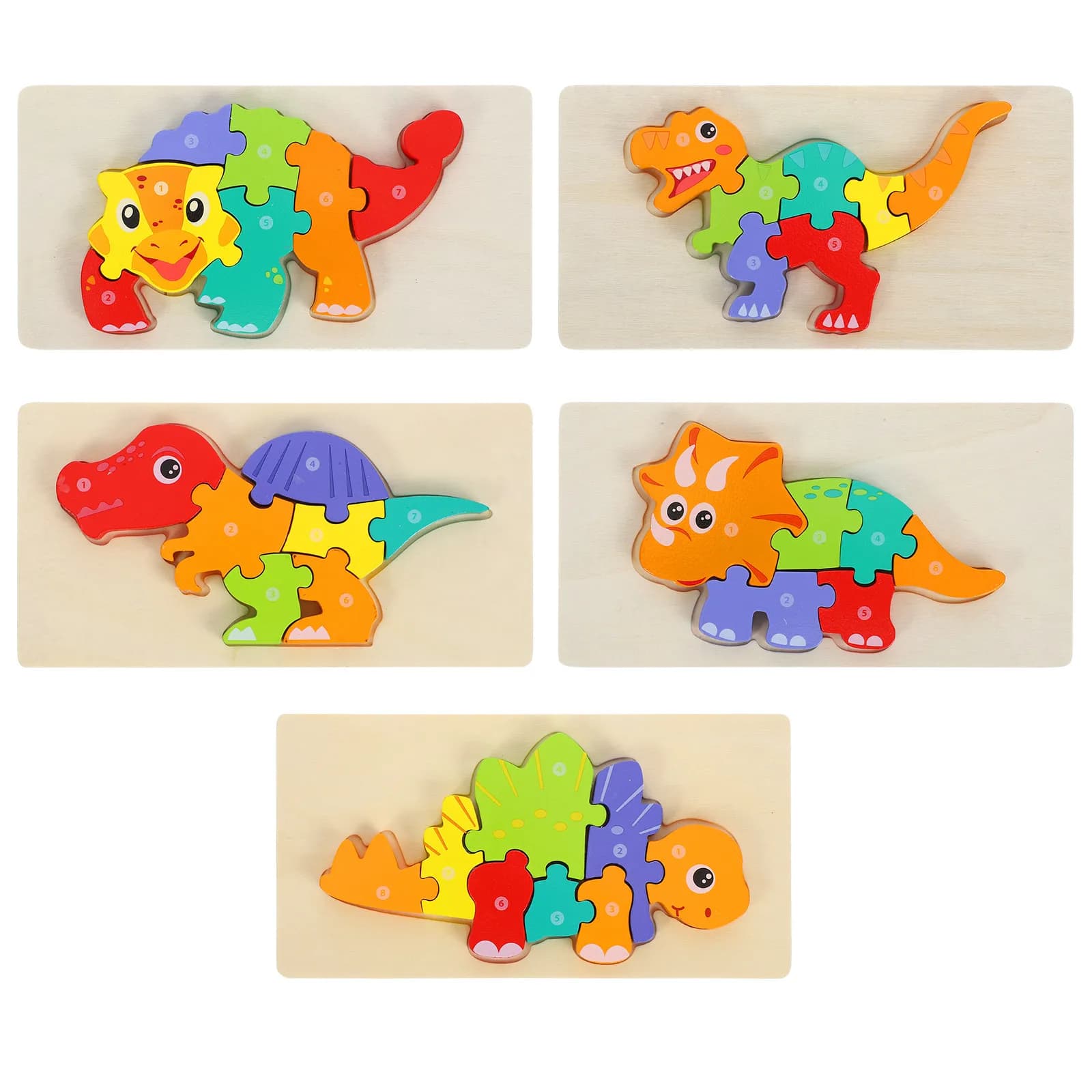 Set di 5 Puzzle 3D in Legno a Forma di Dinosauro, Gioco Educativo Montessori per lo Sviluppo Cognitivo di Bambini e Ragazzi, in Legno Naturale