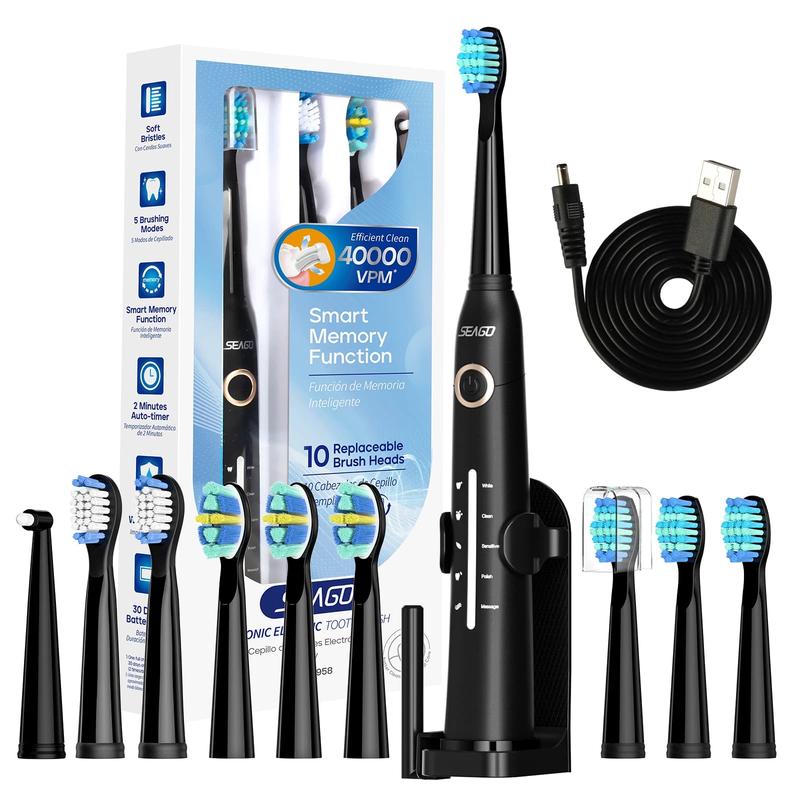 Electric toothbrush Seago Rechargeable toothbrush via USB for adults, ultrasonic teeth cleaning, 10 spare heads for toothbrush