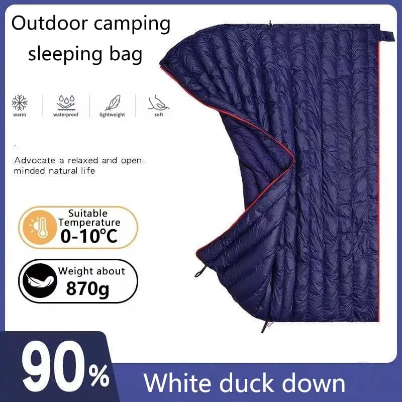 Ultralight and warm sleeping bag in goose down, camping equipment for excursions and outdoor travel