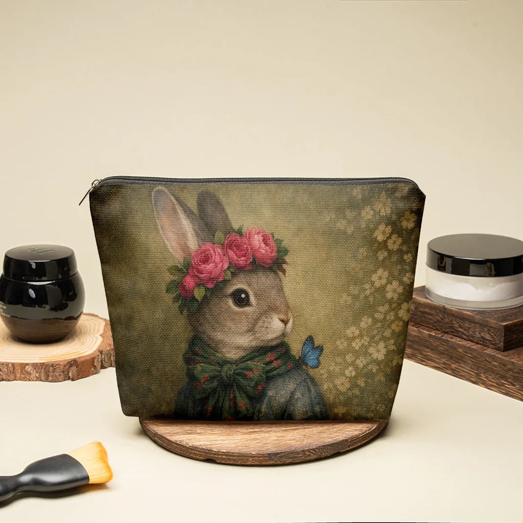 Borsa per il trucco con motivo a ghirlanda di coniglietti, 1 pezzo - Pochette multifunzionale con cerniera per donna, borsa porta gioielli, perfetta borsa da viaggio con cerniera, divertente regalo di compleanno