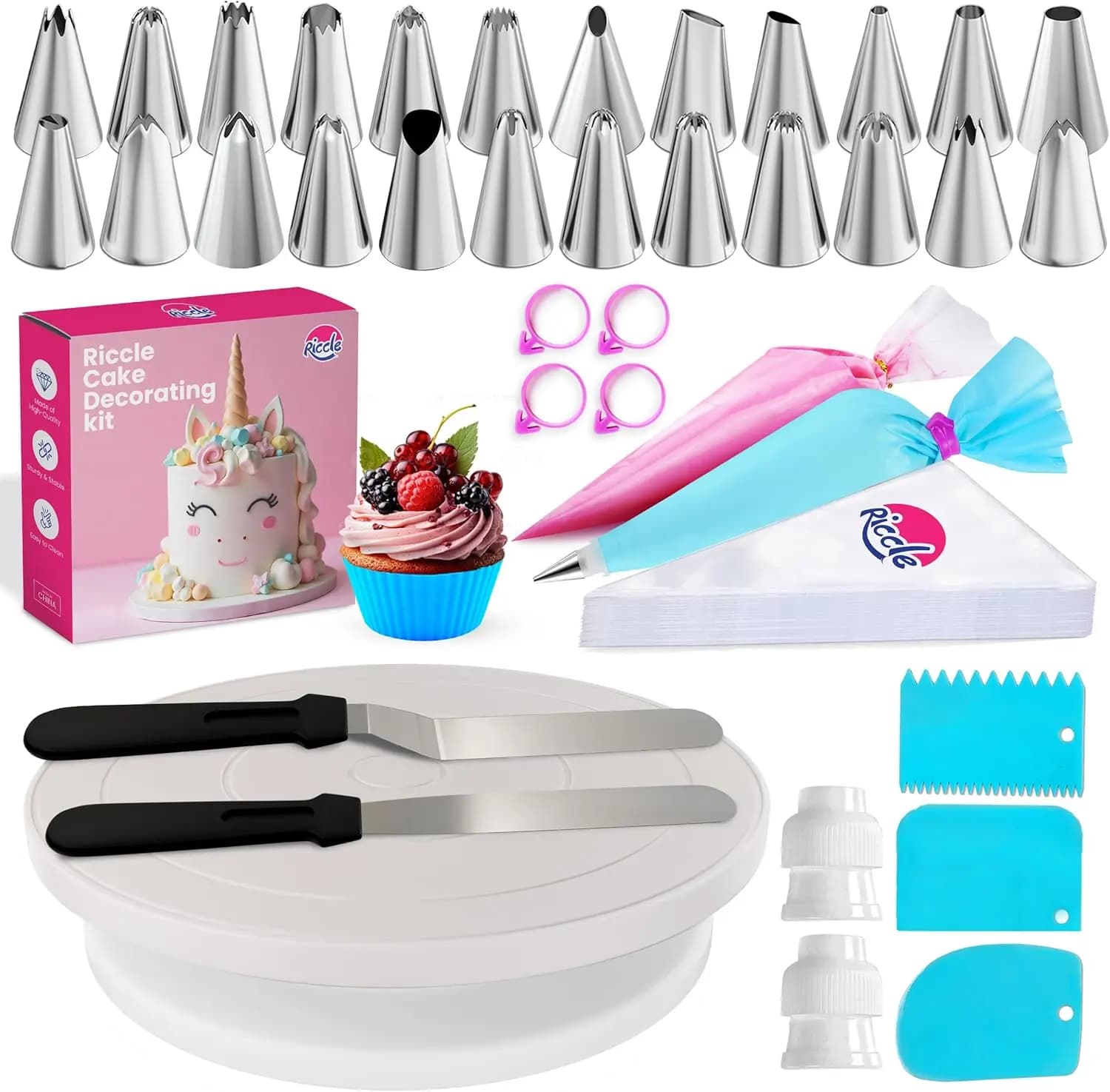 94 pcs Cake Decorating Kit with Cake Turntable - Includes 50pcs 16 Inch Disposable + 2 Reusable Piping Bags and Tips Set, 24 Ici