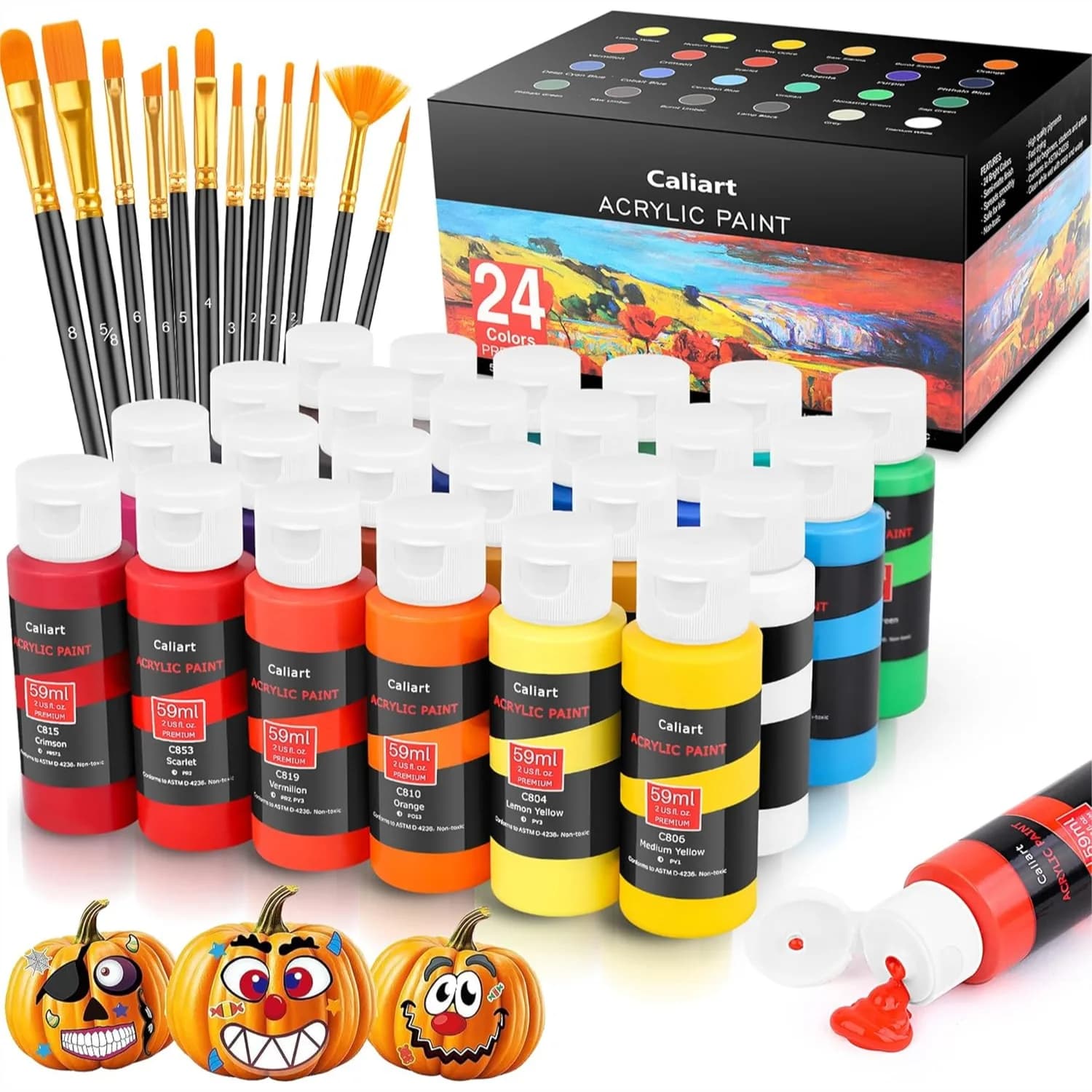 Acrylic Paint Set With 12 Brushes 24 Colors Wood Craft Paints For Adults Kids Artists Beginners Halloween Pumpkin Canvas Ceramic Rock Painting Kit Art Supplies
