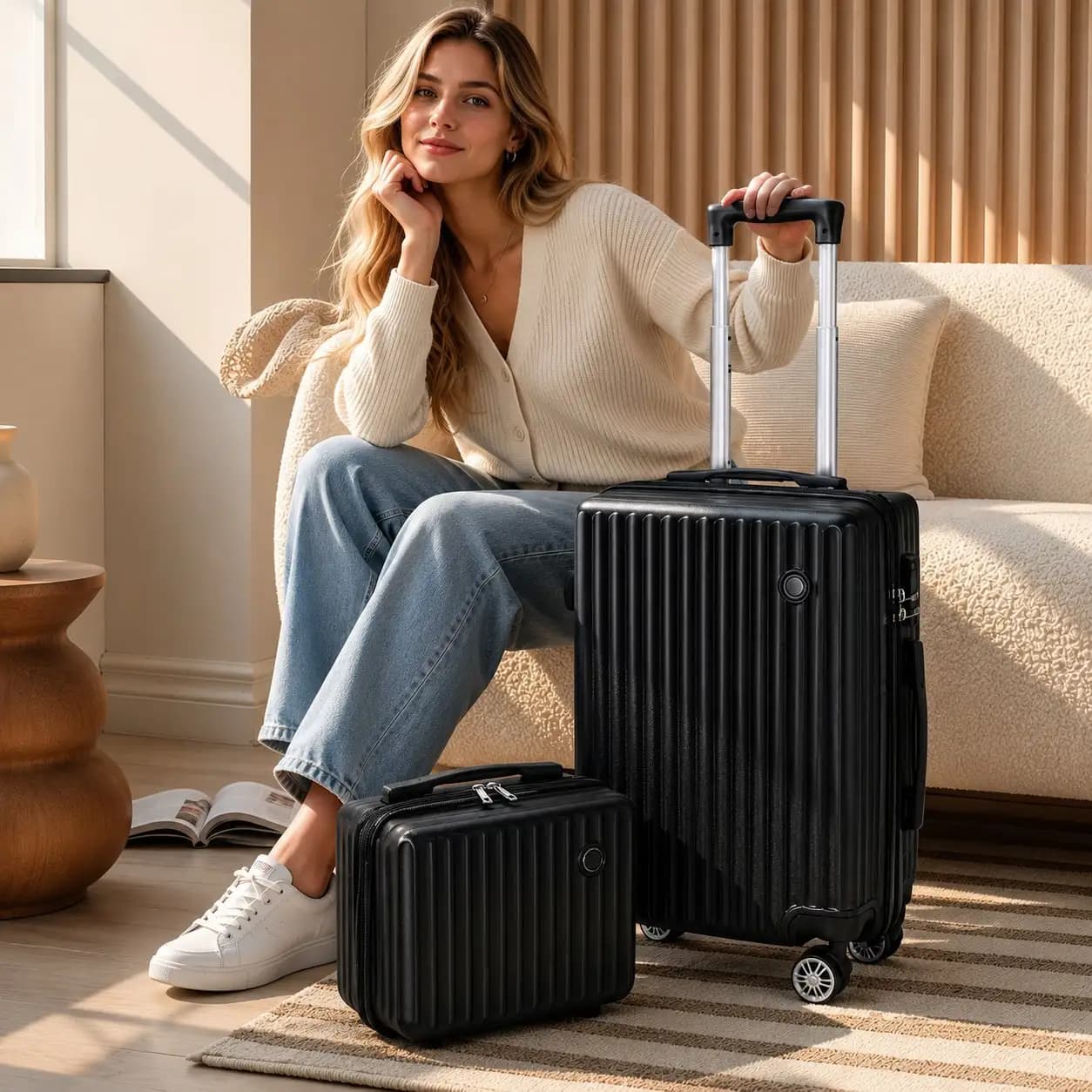 Premium 2-Piece Carry-On Luggage Set, Hard Shell Suitcase With Matching Vanity Case, Lightweight Travel Luggage With Spinner Wheels &Adjustable Handle