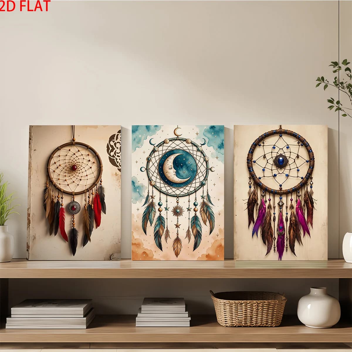 Frameless Canvas 2D Flat 3pc Wall Art – Three Dreamcatchers With Feathers Beads And Moon Star Motifs On Canvas Perfect For A