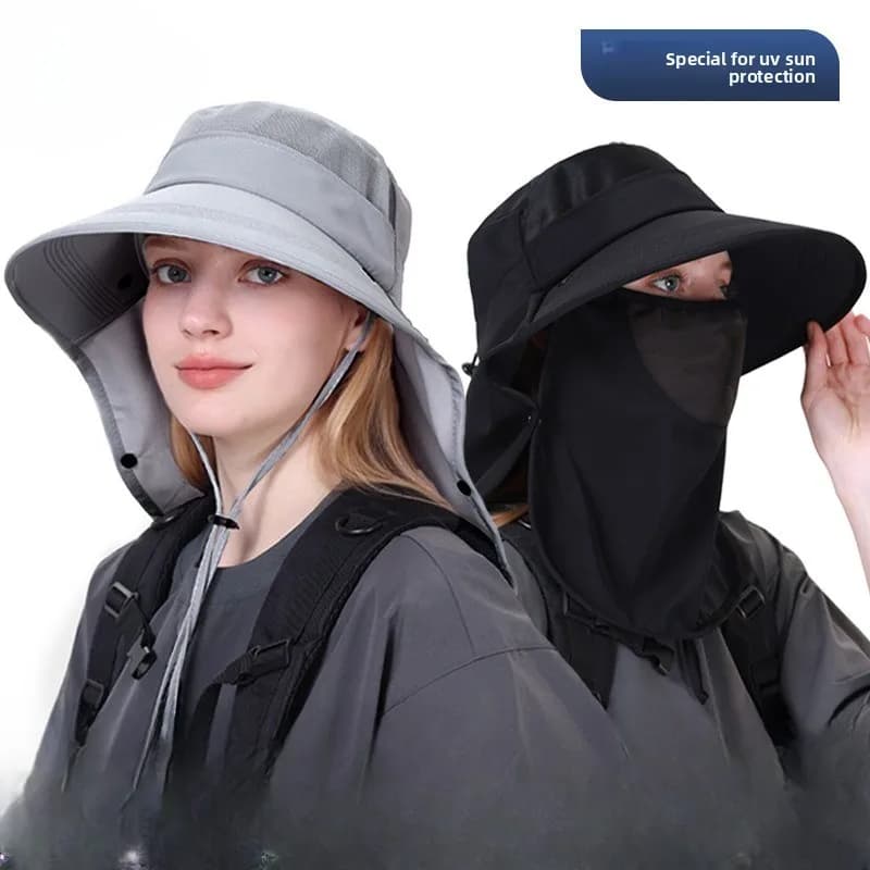Wide Brim Sun Hat Ice Sense Breathable Anti-UV Face Mask Neck Shawl Sunshade Hat Outdoor Travel Beach Sunscreen Hat