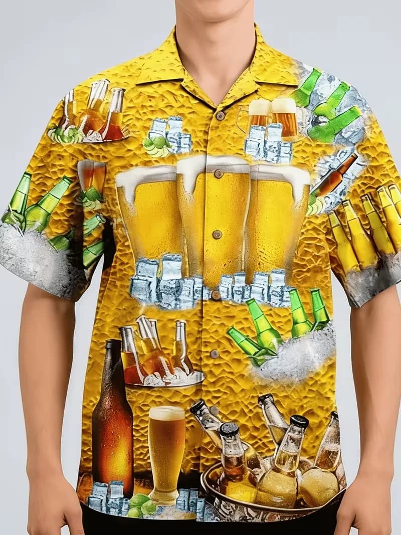 Camicia hawaiana da uomo con stampa birra e ghiaccio, a maniche corte, con grafica di boccali di birra, abbottonata, casual, da spiaggia, per gli amanti della birra