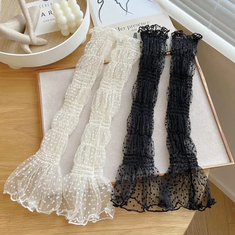 Guanti Estivi Lunghi Senza Dita in Pizzo a Pois, Protezione Solare, Maniche Sottili per Ciclismo, Accessori Sexy Neri