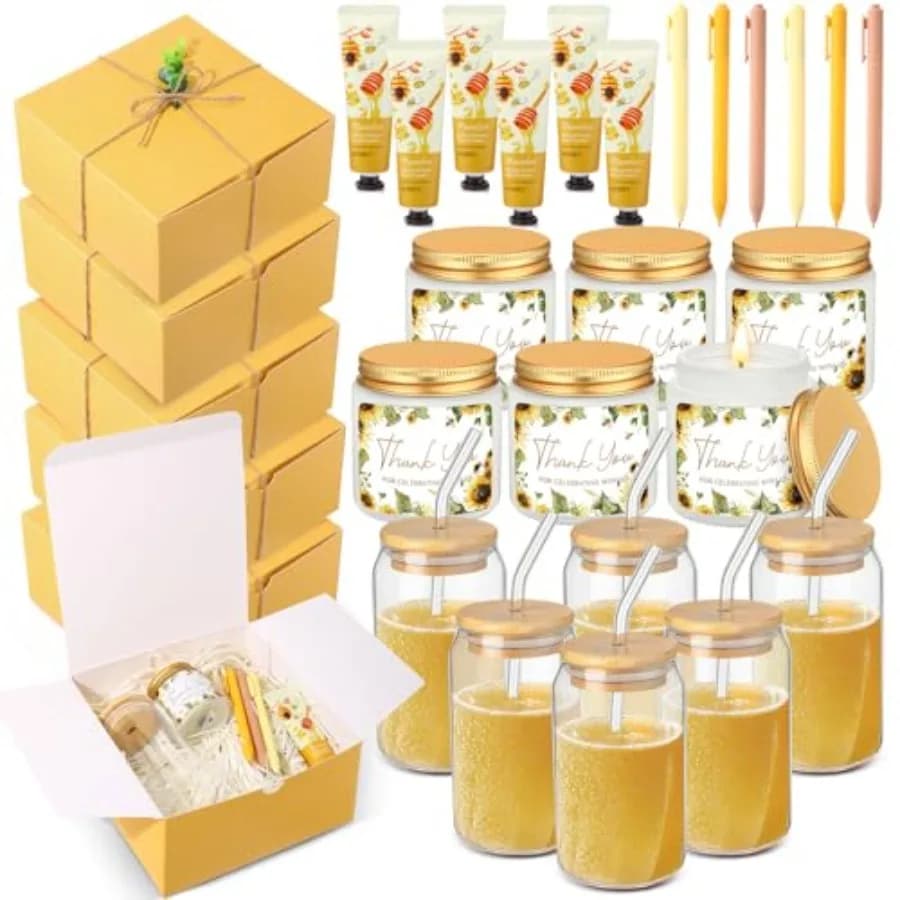 6 Set di Premi per Baby Shower per i Vincitori dei Giochi, Bomboniere per Baby Shower Inclusi Tazze in Vetro, Candele Profumate, Crema Mani, Penne, Confezione Regalo