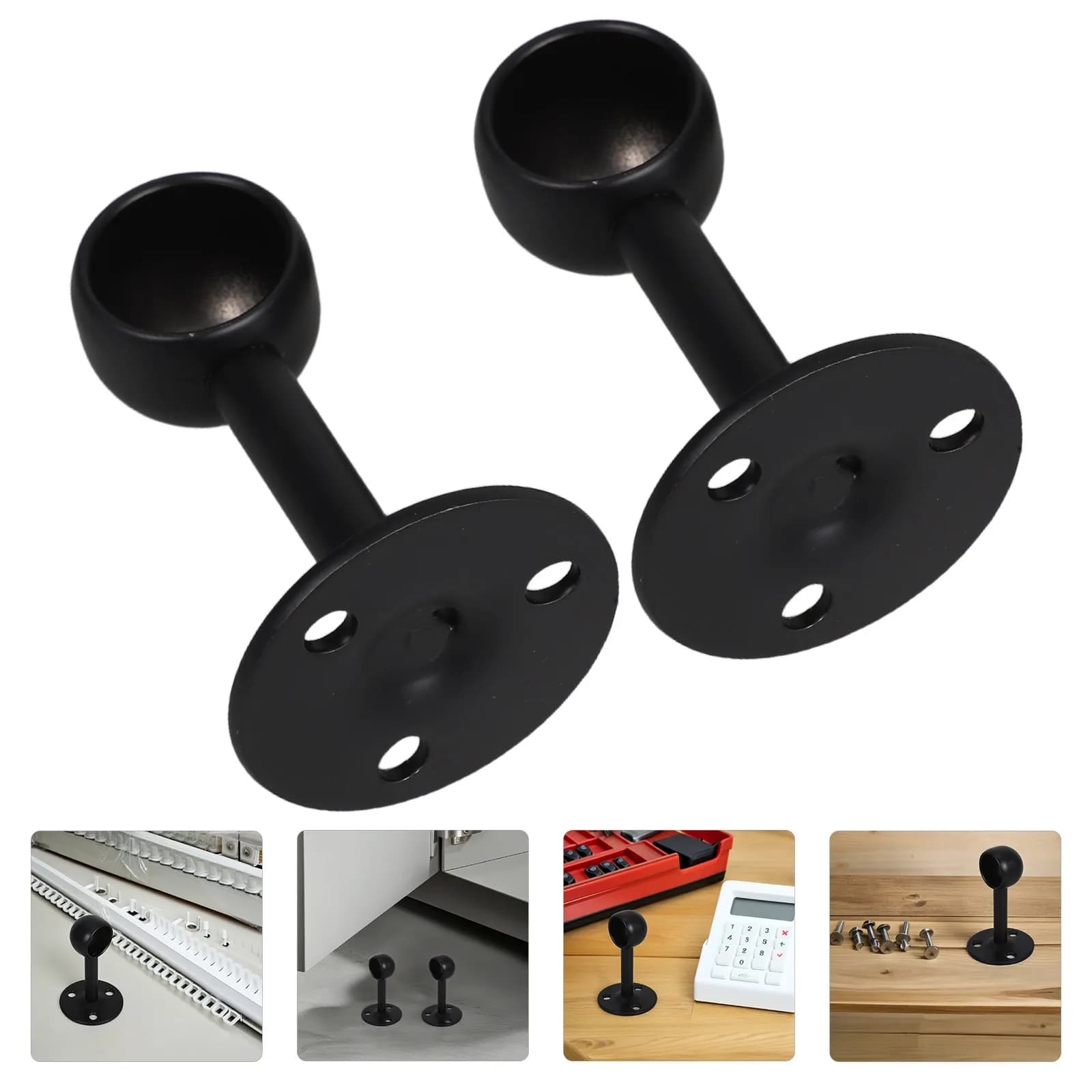 1 Pair Stainless Steel Black Flange Bracket Round Head Pole Socket Holder Anti-Slip For Closet Wardrobe Curtain Rod Support