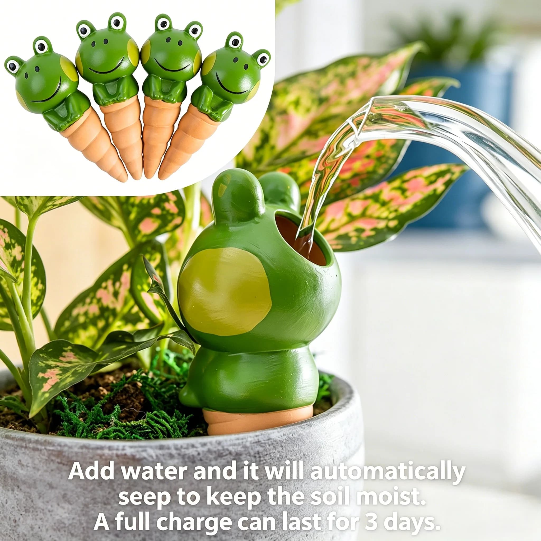 4Pcs Cute Frog Red Clay Self Watering Spikes Automatic Plant Waterer Decorative Pot Irrigation Tool for Indoor Potted Plants